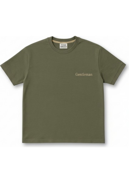 Kişiye Özel Nakışlı Yakası Biyeli Kısa Kollu Bisiklet Yaka Premium Haki Oversize Tişört S