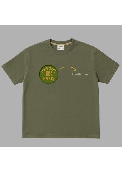 Kişiye Özel Nakışlı Yakası Biyeli Kısa Kollu Bisiklet Yaka Premium Haki Oversize Tişört S fırsatları