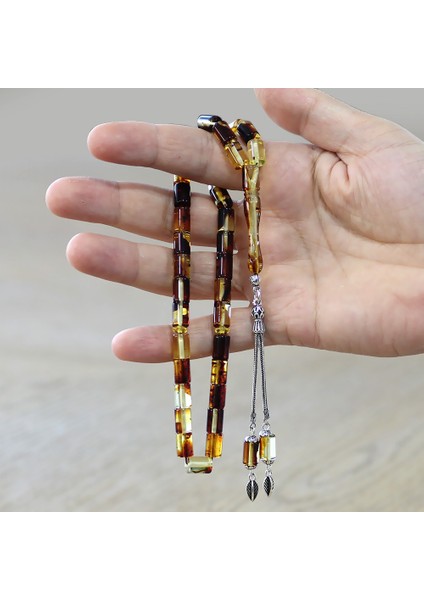 Fosilli Beyrut Kehribar Tesbih - 925 Ayar Gümüş Püsküllü - Sarı Siyah - Kesme Kesim modelleri