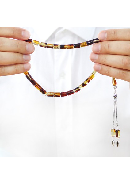 Fosilli Beyrut Kehribar Tesbih - 925 Ayar Gümüş Püsküllü - Sarı Siyah - Kesme Kesim fırsatları