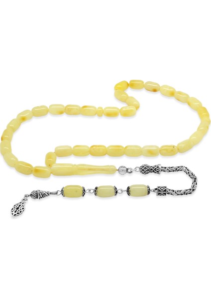 925 Ayar Gümüş Kral Zincir Püsküllü Kapsül Kesim Beyaz Sarı Renk Patinli Damla Kehribar Tesbih