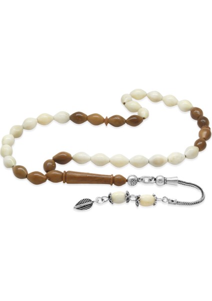 925 Ayar Gümüş Püsküllü Kuka Imameli Arpa Kesim Naturel Renk Deve Kemiği Tesbih