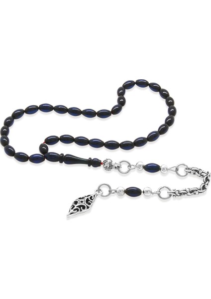 Sıkma Kehribar Tesbih - Kararmaz Metal Arnavut Püsküllü - Mini Boy - Lacivert Renk - Arpa Kesim