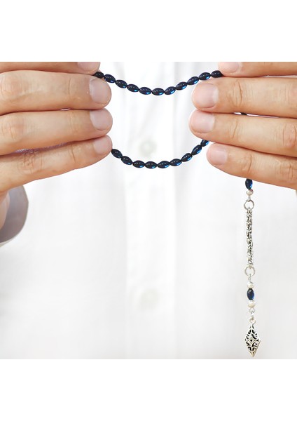 Sıkma Kehribar Tesbih - Kararmaz Metal Arnavut Püsküllü - Mini Boy - Lacivert Renk - Arpa Kesim modelleri