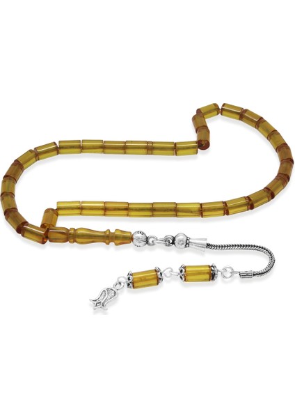 Ateş Kehribar Tesbih - 925 Ayar Gümüş Püsküllü - Mini Boy - Sarı - Kesme Kesim