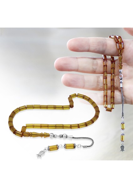 Ateş Kehribar Tesbih - 925 Ayar Gümüş Püsküllü - Mini Boy - Sarı - Kesme Kesim fiyatları