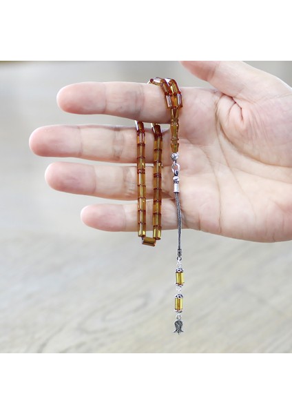 Ateş Kehribar Tesbih - 925 Ayar Gümüş Püsküllü - Mini Boy - Sarı - Kesme Kesim modelleri