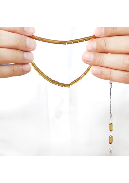 Ateş Kehribar Tesbih - 925 Ayar Gümüş Püsküllü - Mini Boy - Sarı - Kesme Kesim fırsatları