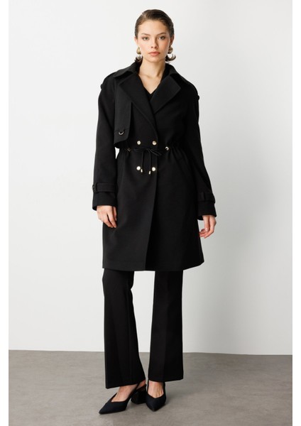 Kadın Beli Bağcıklı Apoletli Kaban 6037 Siyah