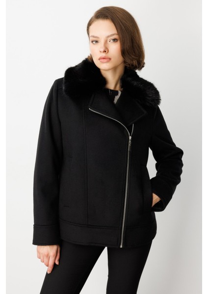 Kadın Yakası Kürklü Kruvaze Mont 6085 Siyah fiyatları