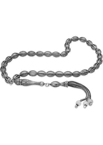 3 Lü Kamçı Top Püsküllü Kafes Tasarım Arpa Kesim Eskitme Renk 925 Ayar Gümüş Tesbih