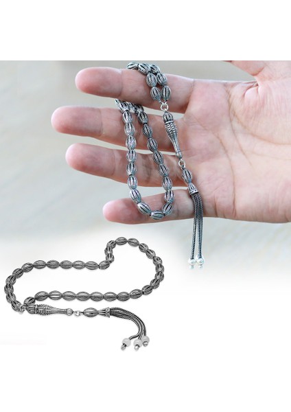 3 Lü Kamçı Top Püsküllü Kafes Tasarım Arpa Kesim Eskitme Renk 925 Ayar Gümüş Tesbih fiyatları