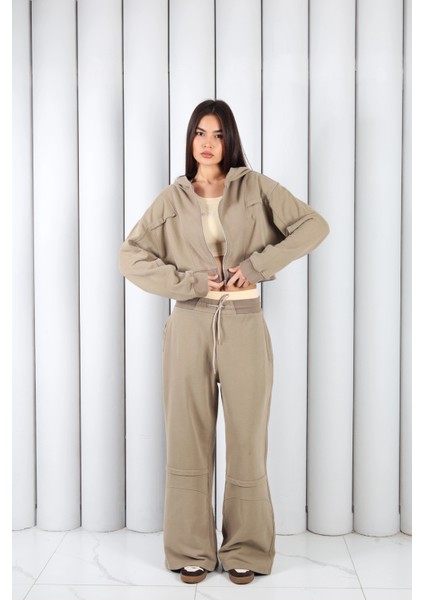 Kadın Açık Kahve Fermuarlı Kapüşonlu Eşofman Takımı | Msc 2616