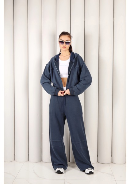 Kadın Indigo Fermuarlı Kapüşonlu Eşofman Takımı | Msc 2616