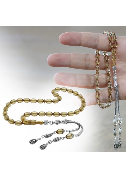 Ateş Kehribar Tesbih - Kararmaz Metal Damla Püsküllü - Şeffaf Renk - Mini Boy - Arpa Kesim fiyatları