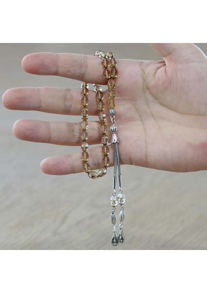 Ateş Kehribar Tesbih - Kararmaz Metal Damla Püsküllü - Şeffaf Renk - Mini Boy - Arpa Kesim fırsatları