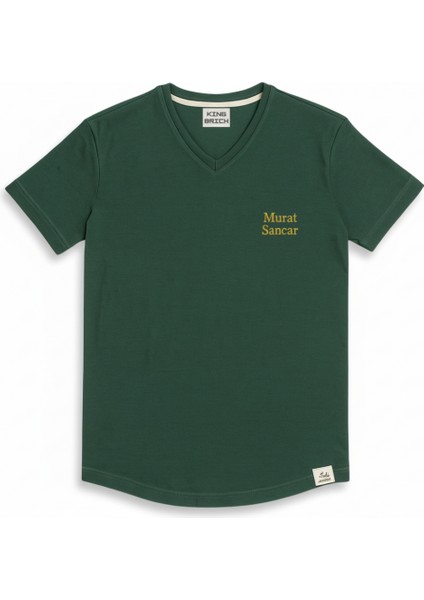 Kişiye Özel Nakışlı Yakası Biyeli Kısa Kollu V Yaka Premium Haki Tişört Xl