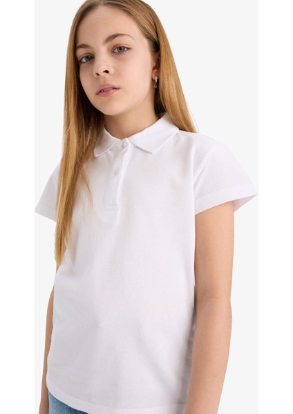 Kız Çocuk Polo Yaka Basic Düz Pamuklu Kısa Kollu Okul Tişörtü