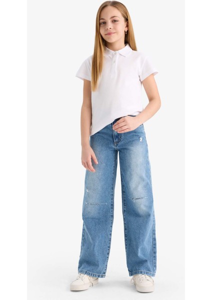 Kız Çocuk Polo Yaka Basic Düz Pamuklu Kısa Kollu Okul Tişörtü