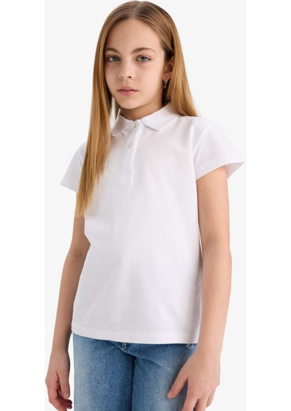 Kız Çocuk Polo Yaka Basic Düz Pamuklu Kısa Kollu Okul Tişörtü