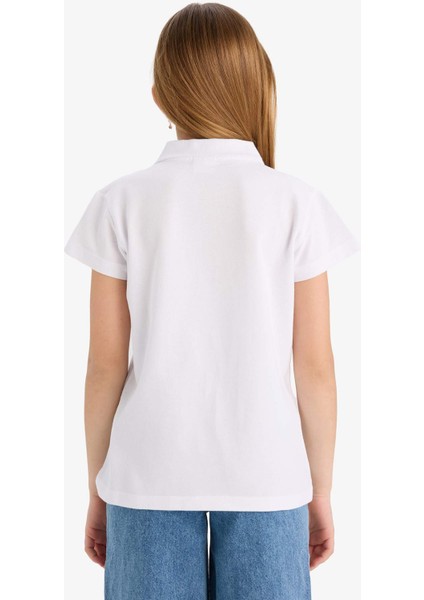 Kız Çocuk Polo Yaka Basic Düz Pamuklu Kısa Kollu Okul Tişörtü