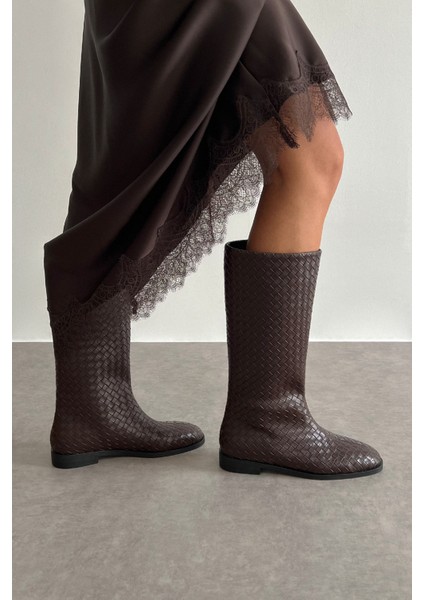 Çizme 2522 - Desenli Binici Acı Kahve Örgü Kadın Çizme