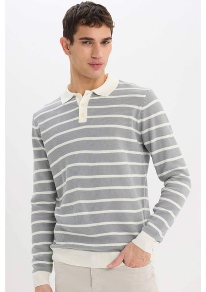 Standart Fit Polo Yaka Çizgili Triko Kazak