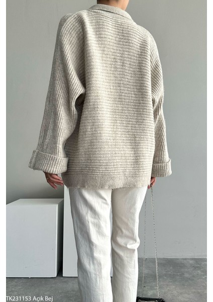 Kadın Kaburga Örgü Uzun Kollu Polo Yaka Kazak Tuniği