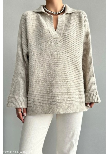 Kadın Kaburga Örgü Uzun Kollu Polo Yaka Kazak Tuniği fiyatları
