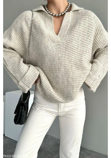 Kadın Kaburga Örgü Uzun Kollu Polo Yaka Kazak Tuniği modelleri