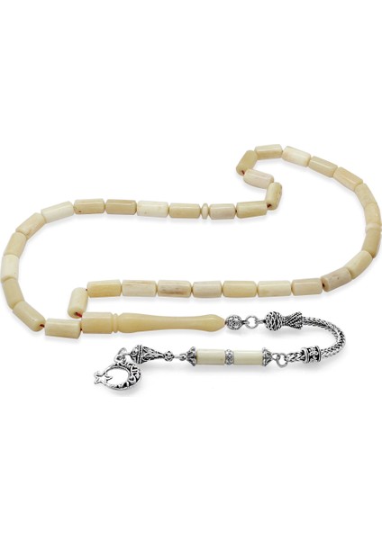 Kararmaz Metal Püsküllü Kapsül Kesim Imamesi Işçilikli Naturel Renk Deve Kemiği Tesbih