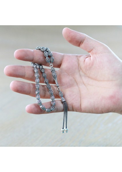 3 Lü Kamçı Top Püsküllü Kafes Tasarım Arpa Kesim Eskitme Renk 925 Ayar Gümüş Tesbih fırsatları