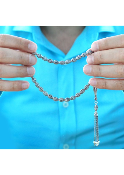 3 Lü Kamçı Top Püsküllü Kafes Tasarım Arpa Kesim Eskitme Renk 925 Ayar Gümüş Tesbih indirimleri