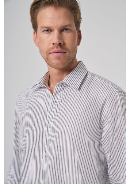 Erkek Siyah Pamuk Trend Çizgili Dynamic Fit Sert Yaka Gömlek fiyatları