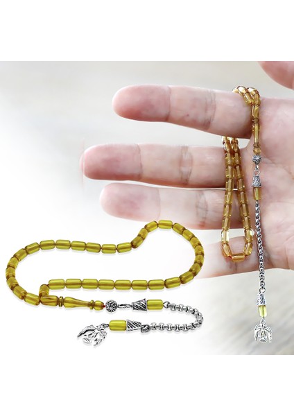 Ateş Kehribar Tesbih - Kararmaz Metal Püsküllü - Sarı Renk - Mini Boy - Kapsül Kesim fiyatları