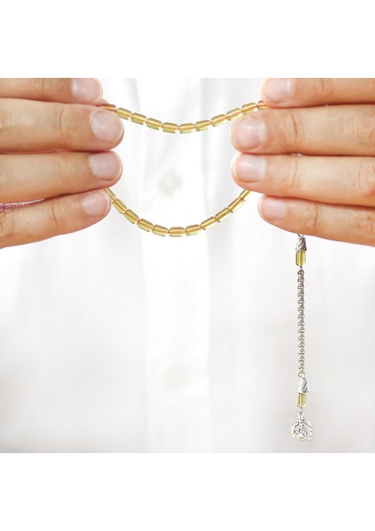 Ateş Kehribar Tesbih - Kararmaz Metal Püsküllü - Sarı Renk - Mini Boy - Kapsül Kesim modelleri