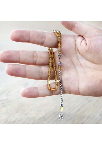 Ateş Kehribar Tesbih - Kararmaz Metal Püsküllü - Sarı Renk - Mini Boy - Kapsül Kesim fırsatları