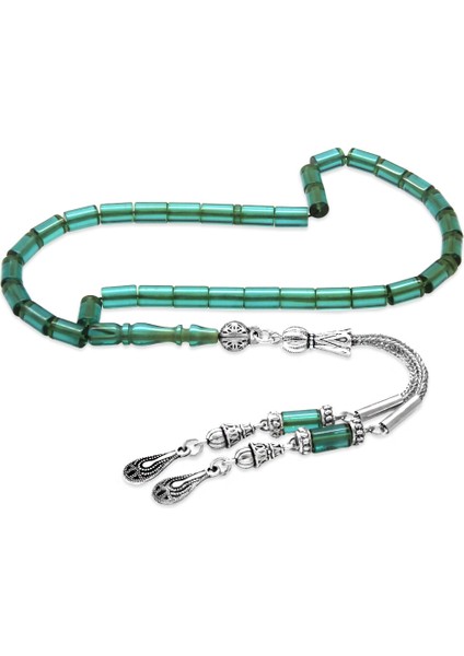 Ateş Kehribar Tesbih - Kararmaz Metal Damla Püsküllü - Su Yeşili - Mini Boy - Kesme Kesim