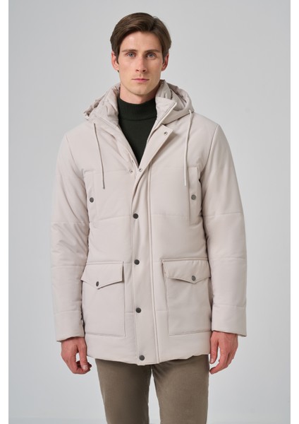 Erkek Gri Poliamit Çıtçıtlı Kapüşonlu Mont