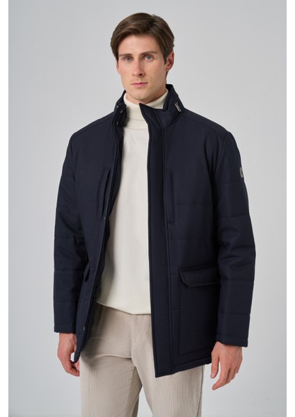 Erkek Lacivert Polyester Çıtçıtlı Kapüşonlu Mont modelleri