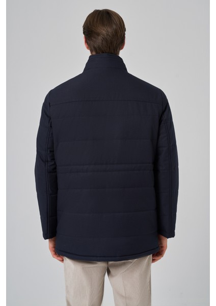 Erkek Lacivert Polyester Çıtçıtlı Kapüşonlu Mont