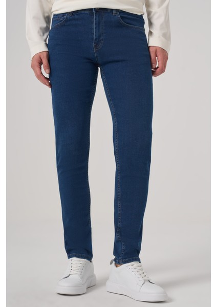 Erkek Mavi Denim 5 Cep Slim Fit Jean Kot Pantolon