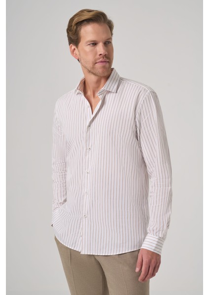 Erkek Bej Pamuk Trend Çizgili Slim Fit Yarım Italyan Yaka Gömlek