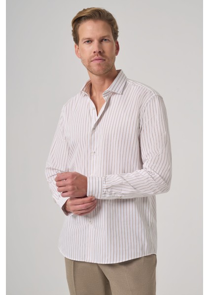 Erkek Bej Pamuk Trend Çizgili Slim Fit Yarım Italyan Yaka Gömlek fiyatları