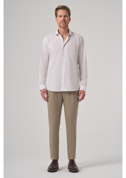 Erkek Bej Pamuk Trend Çizgili Slim Fit Yarım Italyan Yaka Gömlek fırsatları