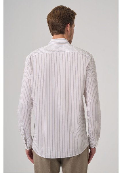 Erkek Bej Pamuk Trend Çizgili Slim Fit Yarım Italyan Yaka Gömlek indirimleri