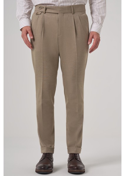 Erkek Bej Poliviskon Trend Desenli Slim Fit Çift Pile Pantolon