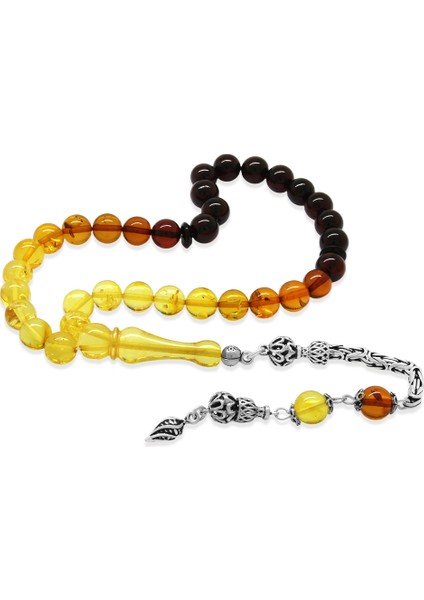 Damla Kehribar Tesbih - 925 Ayar Gümüş Kral Zincirli - Süzme Sarı Kırmızı Renk - Küre Kesim