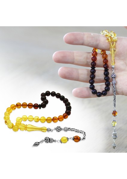 Damla Kehribar Tesbih - 925 Ayar Gümüş Kral Zincirli - Süzme Sarı Kırmızı Renk - Küre Kesim fiyatları