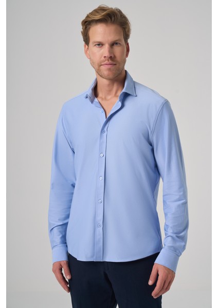 Erkek A. Mavi Trend Düz Slim Fit Tam Italyan Yaka Gömlek